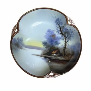 Antique Noritake Hand Painted Scenic Landscape Trinket Dish with Handles